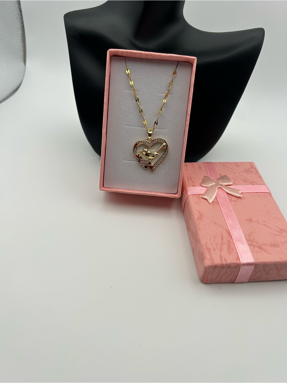 Gold Heart Pendant Necklace with Dove and Floral Accent - Women's Jewelry